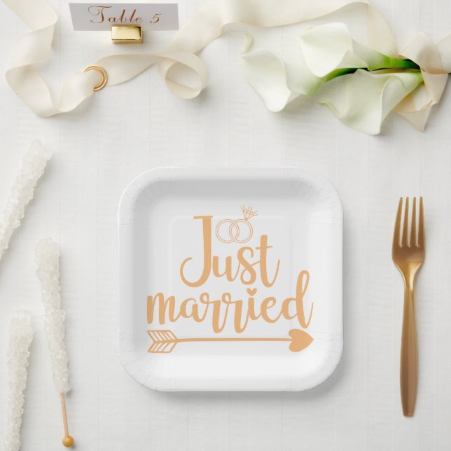 Just Married Peach Paper Plate (Wedding)