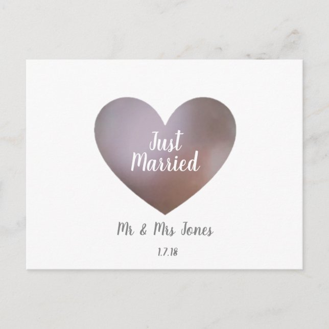 Just Married pearl & purple wedding heart postcard (Front)