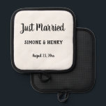 Just Married Personalized with Names Wedding Date Pot Holder<br><div class="desc">Three lines of customizable text highlight this Just Married pot holder.
Great for the newlyweds!</div>