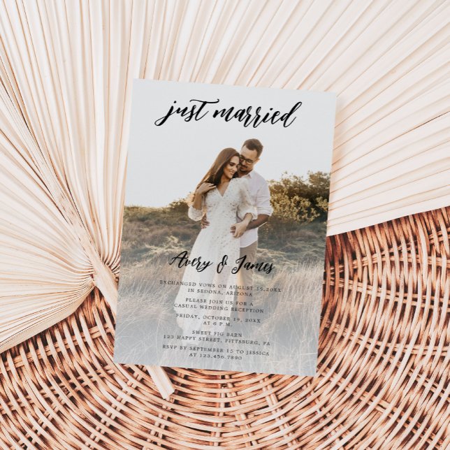 Just Married Photo Calligraphy Wedding Elopement Invitation (Creator Uploaded)
