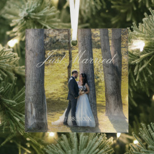 Just Married Photo Glass Ornament