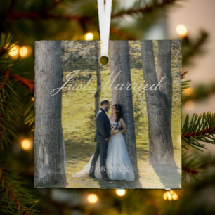 Just Married Photo Glass Ornament