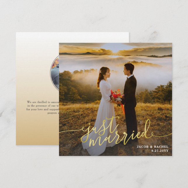 Just Married Photo Gold Type Wedding Announcement (Front/Back)