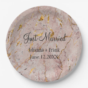 Just Married Pink and Gold Marble Paper Plate