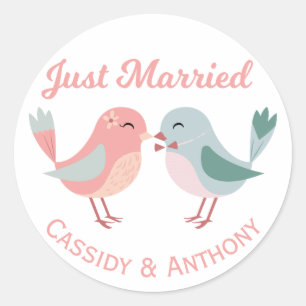 Just Married Pink & Blue Lovebirds Wedding Classic Round Sticker