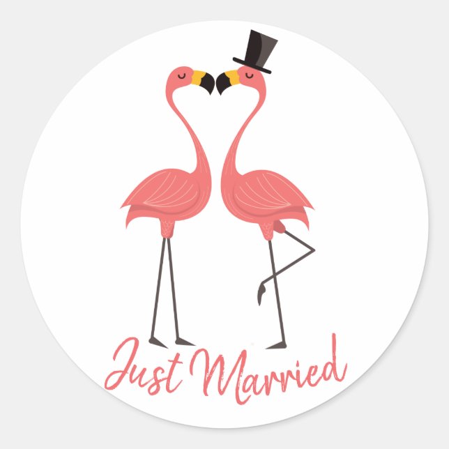 Just Married Pink Flamingo Tropical Beach Wedding Classic Round Sticker (Front)