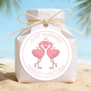 Just Married Pink Flamingos Tropical Beach Wedding Classic Round Sticker