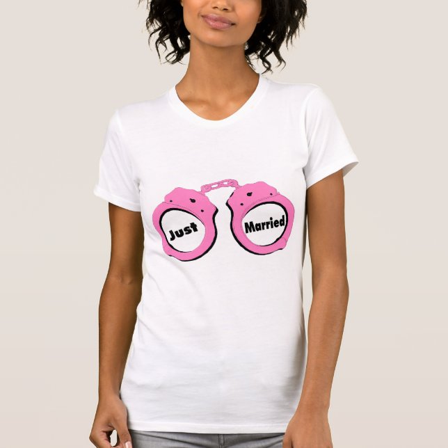 Just Married Pink Handcuffs T-Shirt (Front)