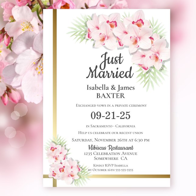 Just Married Pink Orchid Floral Wedding Reception Invitation (Creator Uploaded)