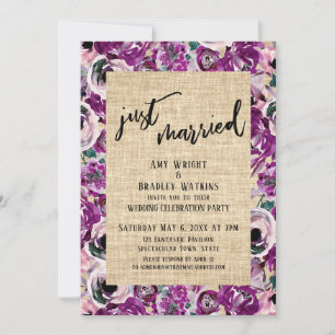 Just Married Pink Painted Flowers Burlap Reception Invitation