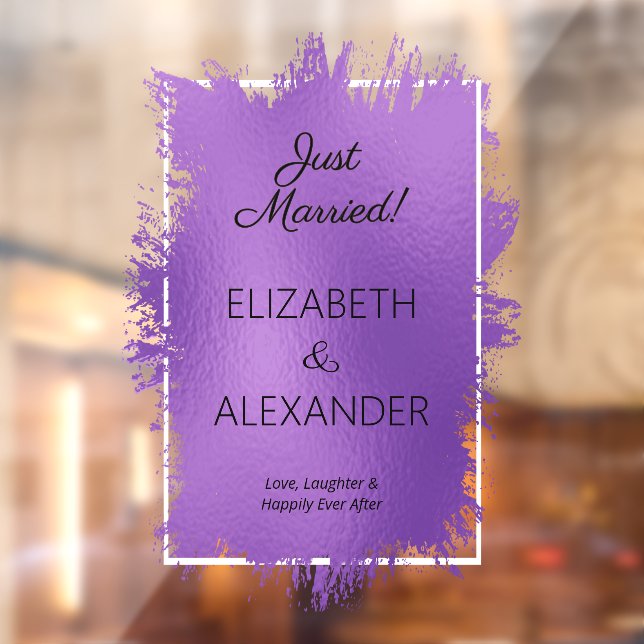 Just Married! Purple Faux Foil Window Cling (Sheet 2)