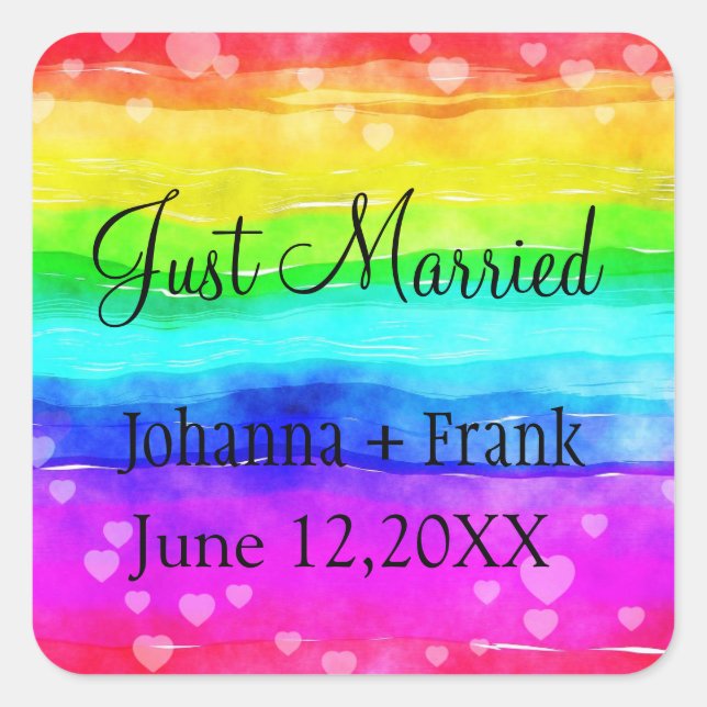 Just Married Rainbow Square Sticker (Front)