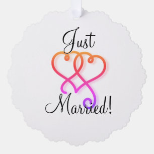 Just Married Rainbow Swirly Hearts Ornament Card