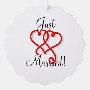 Just Married Red and Black Swirly Hearts Ornament Card