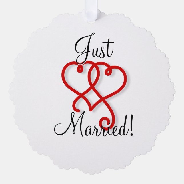 Just Married Red and Black Swirly Hearts Ornament Card (Front)