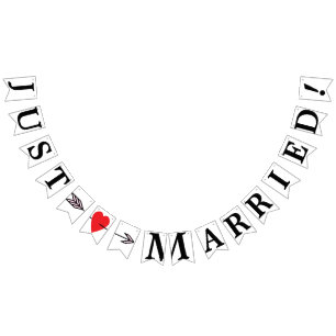 JUST MARRIED, Red Heart And Arrow Bunting Flags