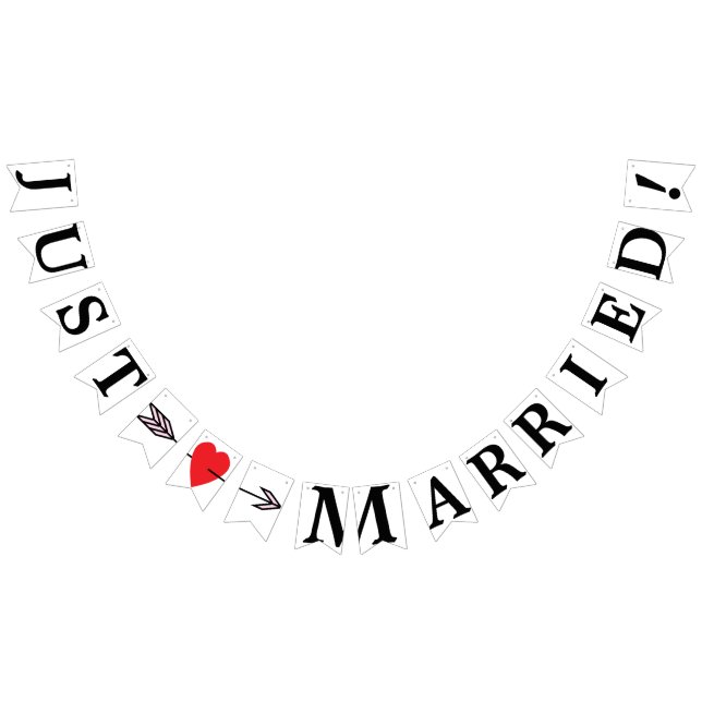 JUST MARRIED, Red Heart And Arrow Bunting Flags (All)