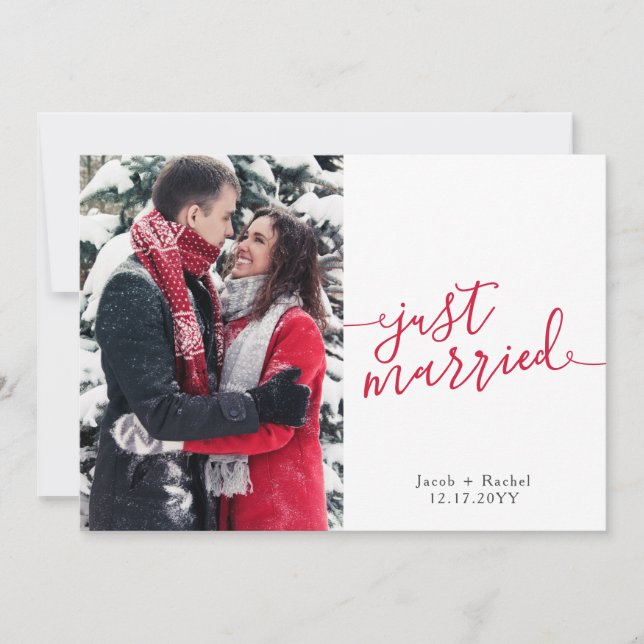 Just Married Red Script Photo Christmas Wedding Announcement (Front)