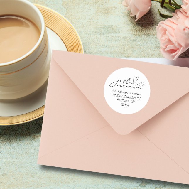 Just Married Return Address Classic Round Sticker (Creator Uploaded)