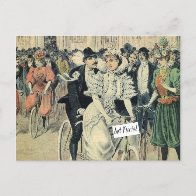 Just Married Riding A Bicycle Announcement Postcard (Front)