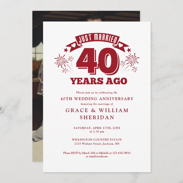 Just Married Ruby 40th Wedding Anniversary Photo Invitation (Front/Back)