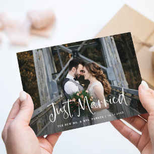 Just Married   Rustic Script Photo Elopement Announcement