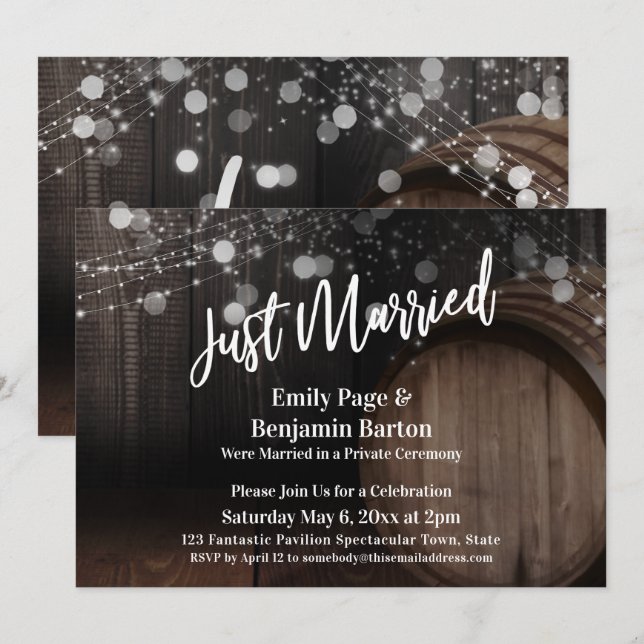 Just Married Rustic Wood Barrel and Lights Invitation (Front/Back)