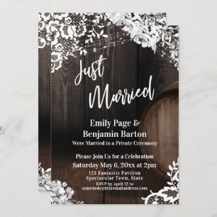Just Married Rustic Wood Barrel Lights Flowers Invitation