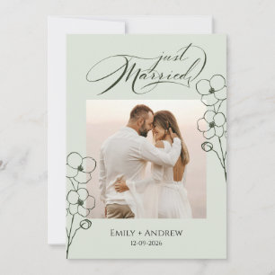 Just Married Sage Green Calligraphy Floral Photo Announcement