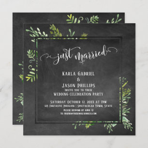 Just Married Script Greenery Bouquet on Chalkboard Invitation