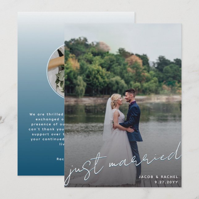 Just Married Script Overlay Blue Photo Wedding Ann Announcement (Front/Back)