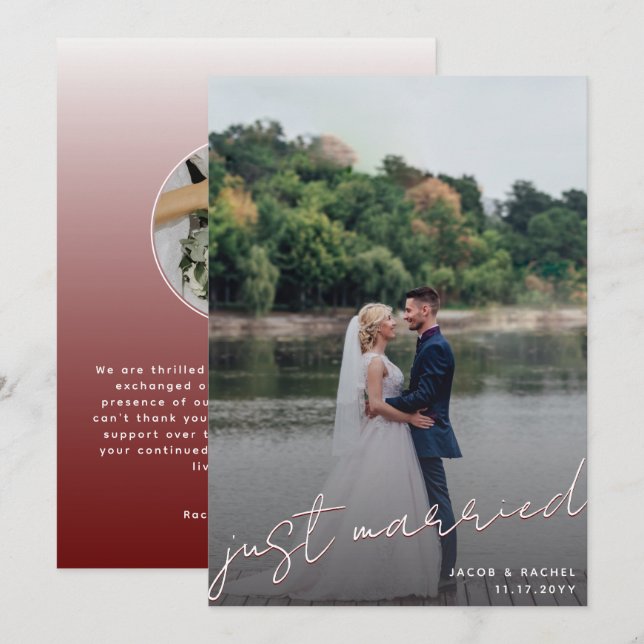Just Married Script Overlay Dark Red Photo Wedding Announcement (Front/Back)