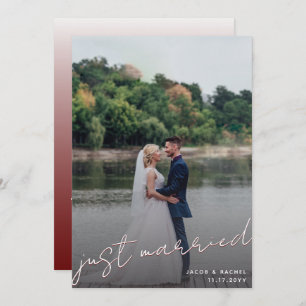 Just Married Script Overlay Dark Red Photo Wedding Announcement