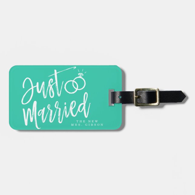Just Married Script | Personalized Aqua Luggage Tag (Front Horizontal)