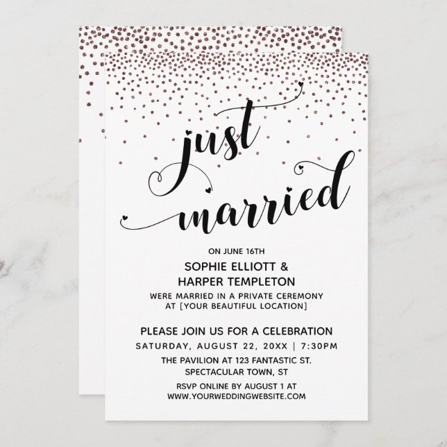 Just Married Script Rose Gold Confetti Reception Invitation (Front/Back)