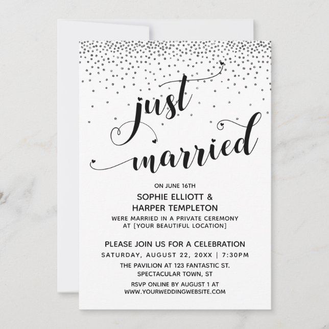 Just Married Script Silver Confetti Reception-Only Invitation (Front)