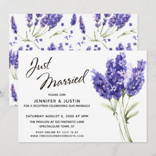 Just Married Script, Watercolor Lavender Flowers Invitation