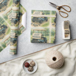 'Just Married' Sign Golf Cart Watercolor Rustic  Wrapping Paper