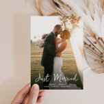 just married simple wedding announcement postcard<br><div class="desc">modern stylish calligraphy,  elegant romantic design with a personalized photo The bride and groom's image and back colour and text can be personalized.</div>