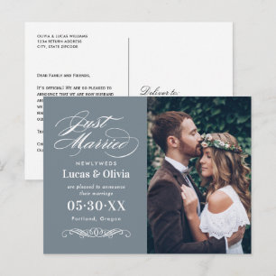 Just Married Slate Grey Elegant Wedding Photo Announcement Postcard