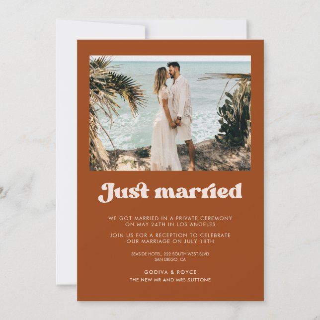 Just married Stylish retro Burnt Orange photo card (Front)