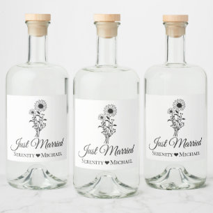 Just Married Sunflower Wedding Rustic Wildflowers Liquor Bottle Label