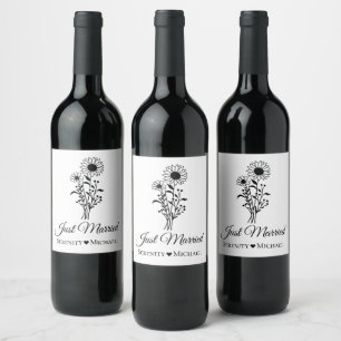 Just Married Sunflower Wedding Rustic Wildflowers Wine Label