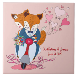 Just Married, Sweet Foxes on Bike, Customized Tile
