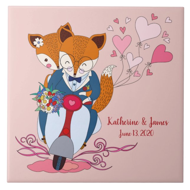 Just Married, Sweet Foxes on Bike, Customized Tile (Front)
