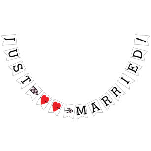 JUST MARRIED, Two Red Hearts And Arrow Bunting Flags