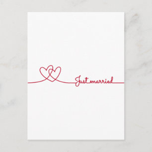 Just married, two red hearts line darwing announcement postcard