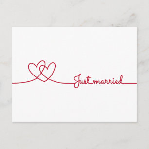 Just married, two red hearts line darwing announcement postcard