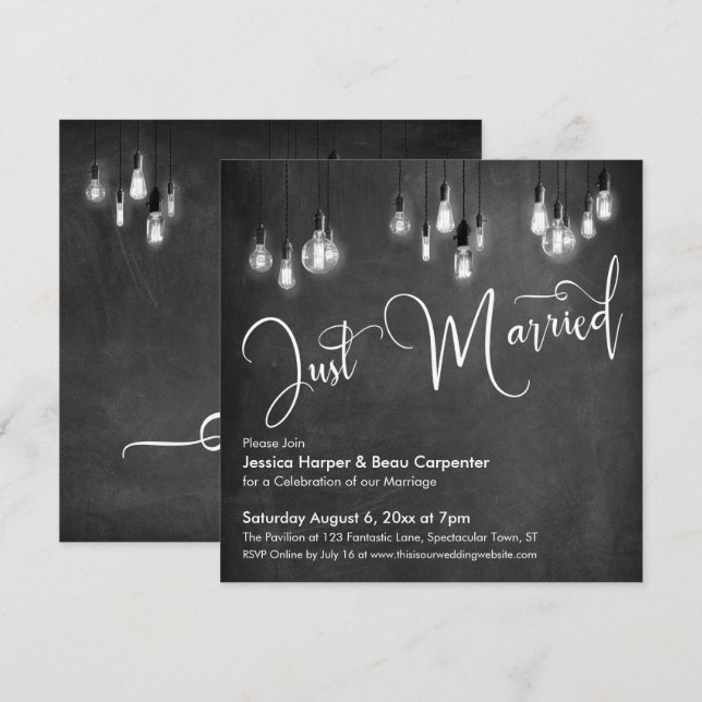 Just Married Typography, Edison Lights, Chalkboard Invitation (Front/Back)