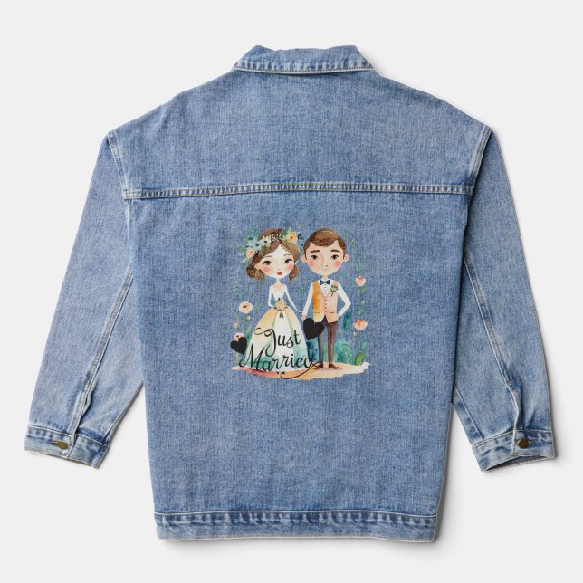 just married - watercolor couple design wedding denim jacket (Back)